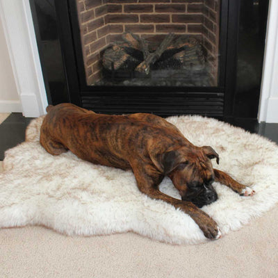 PupRug Faux Fur Curved Orthopedic Pet Bed - White with Brown Accents | Pawlicious & Company