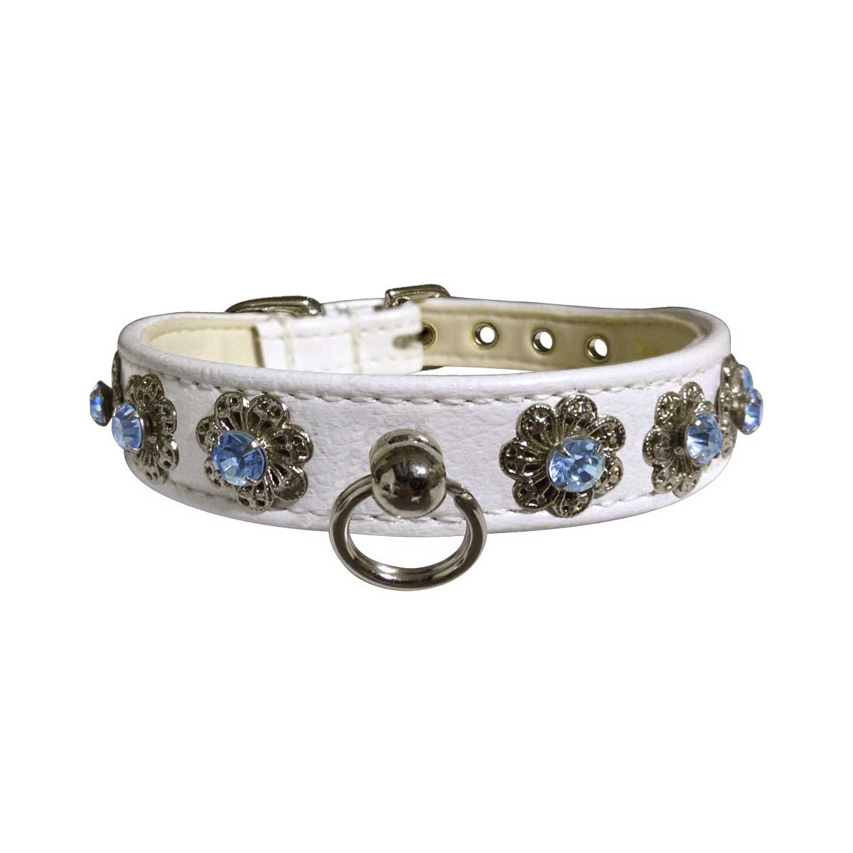Starlite Faux Leather Collar with Crystal Flowers in White & Blue | Pawlicious & Company