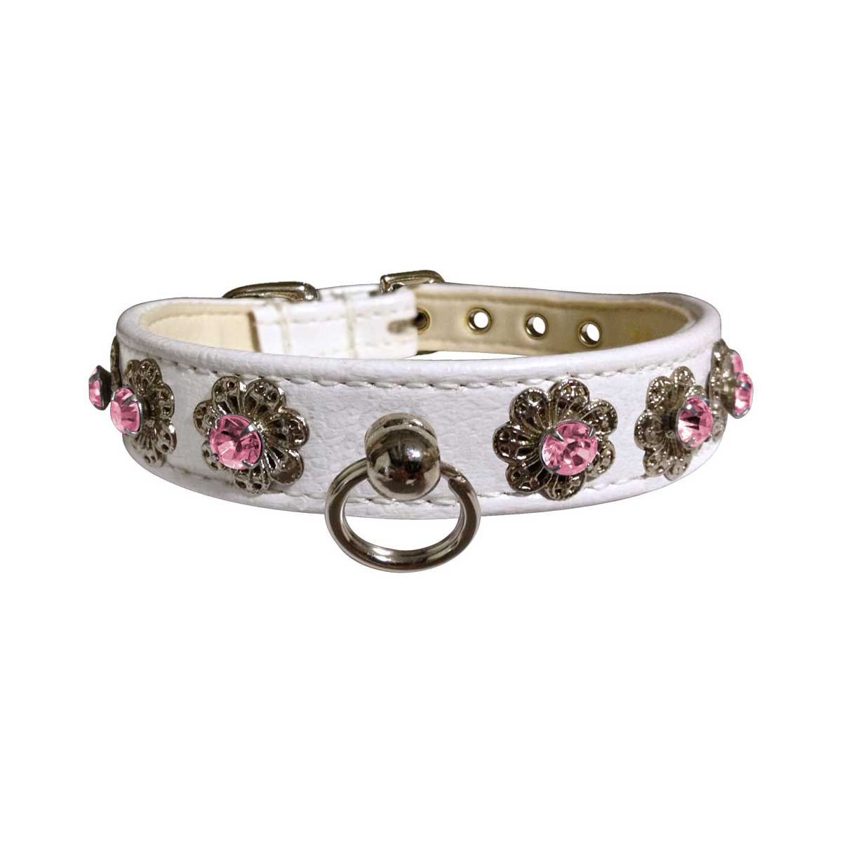 Starlite Faux Leather Collar with Crystal Flowers in White & Pink | Pawlicious & Company