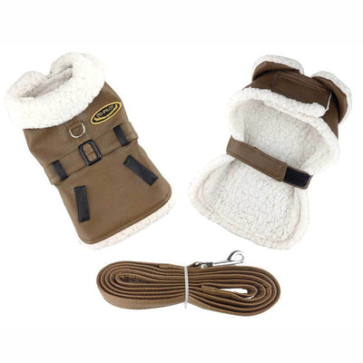 Brown Faux Leather Bomber Dog Harness Coat | Pawlicious & Company