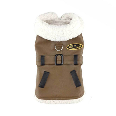 Brown Faux Leather Bomber Dog Harness Coat | Pawlicious & Company