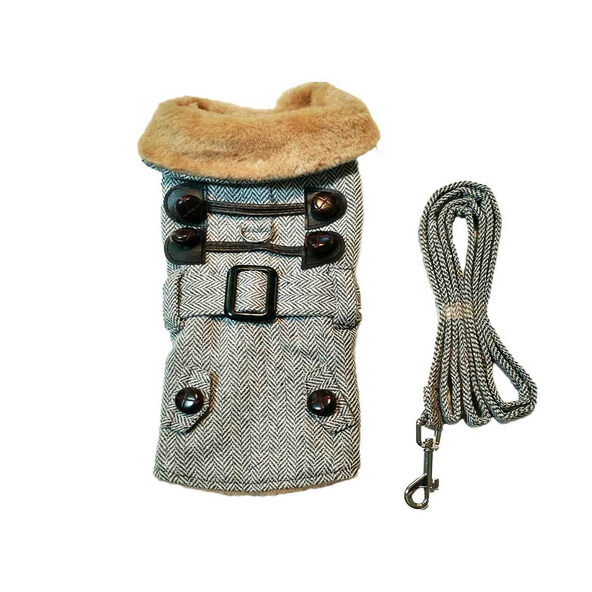 Gray Herringbone Dog Harness Coat with Brown Faux Fur Collar | Pawlicious & Company