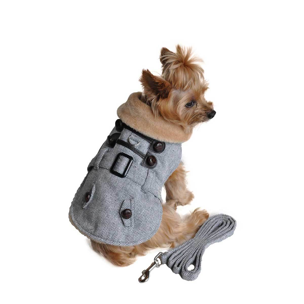 Gray Herringbone Dog Harness Coat with Brown Faux Fur Collar | Pawlicious & Company