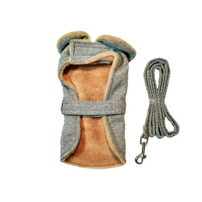 Gray Herringbone Dog Harness Coat with Brown Faux Fur Collar | Pawlicious & Company