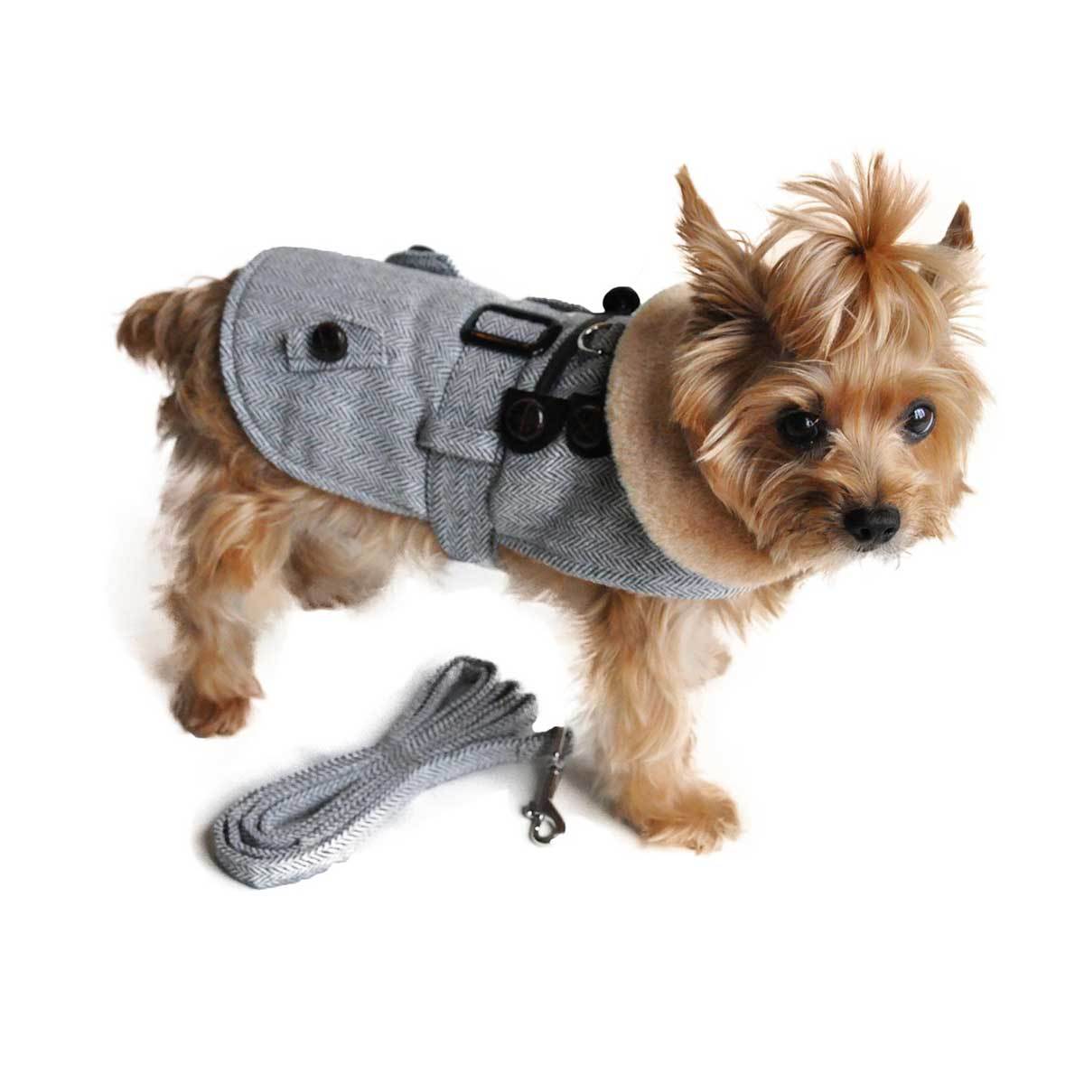 Gray Herringbone Dog Harness Coat with Brown Faux Fur Collar | Pawlicious & Company