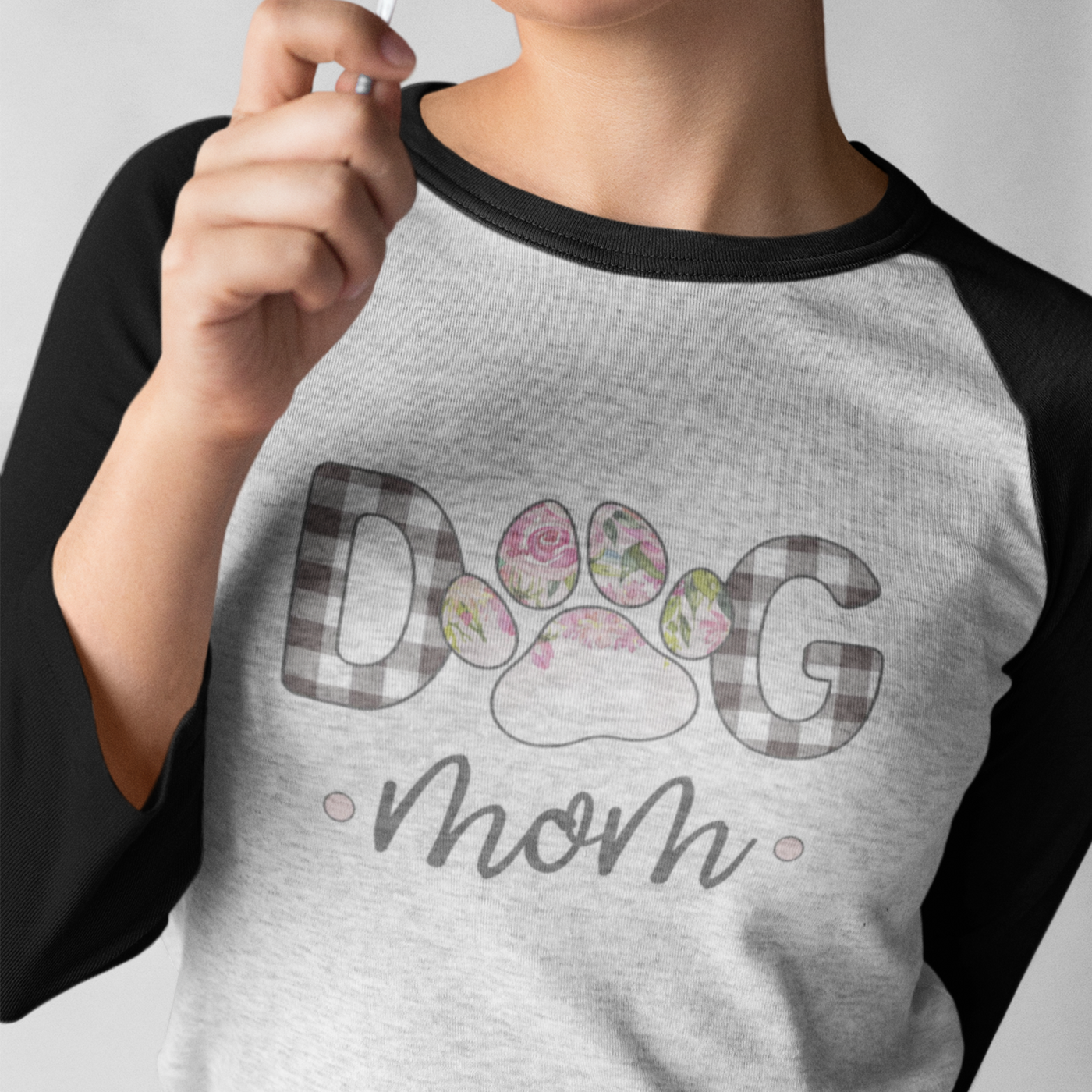 Dog Mom Black Raglan Shirt with Vintage Floral Ombre Print | Pawlicious & Company