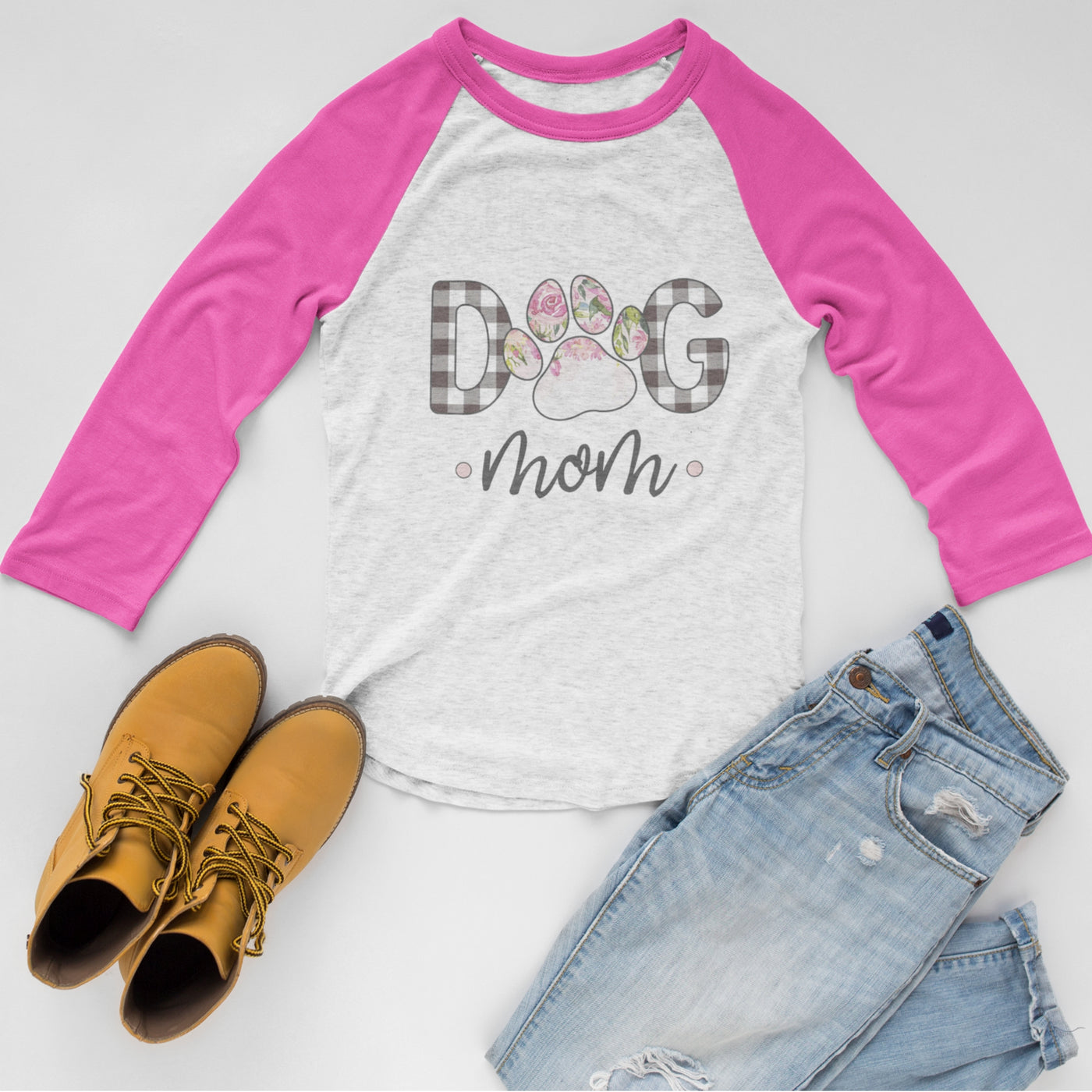 Dog Mom Pink Raglan Shirt with Vintage Floral Ombre Print | Pawlicious & Company