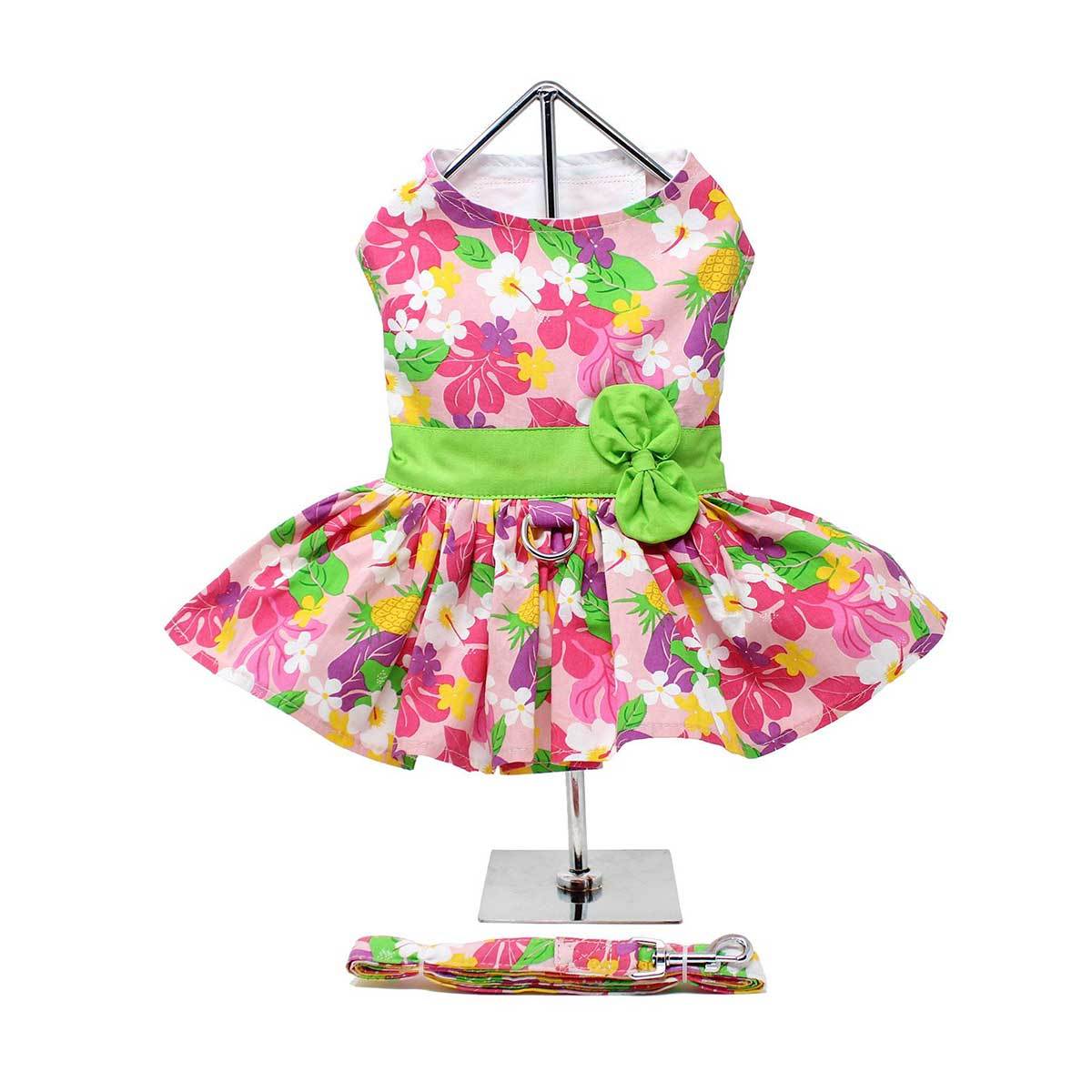 Pink Hawaiian Floral Dog Harness Dress with Matching Leash | Pawlicious & Company
